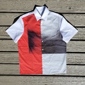 CALVIN KLEIN  COLOR BLOCK Graphic Mens Short Sleeve Button Up Shirt.